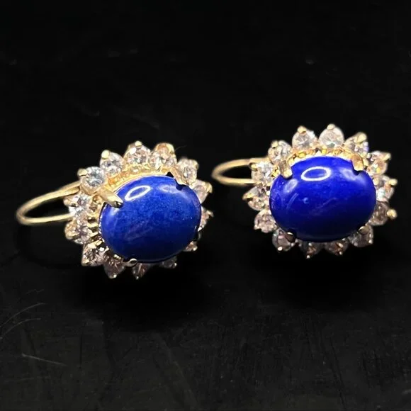 Vintage Lapis Lazuli & Swarovski Crystal Leverback Drop Earrings 18K HGE - Picture 3 of 5